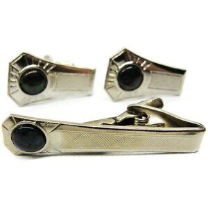 Cufflinks Tie Bar Set Stamped Steel Blue Green Stone Tux Shirt Suit Vintage